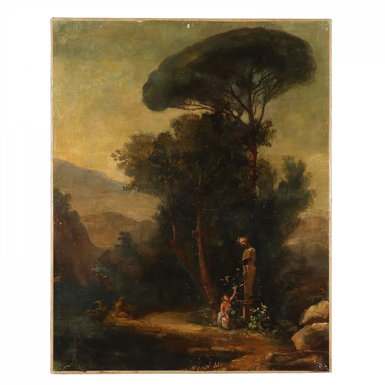 Paesaggio arcadico con scultura e fanciulla, dipinto a olio su tela, '800 1
