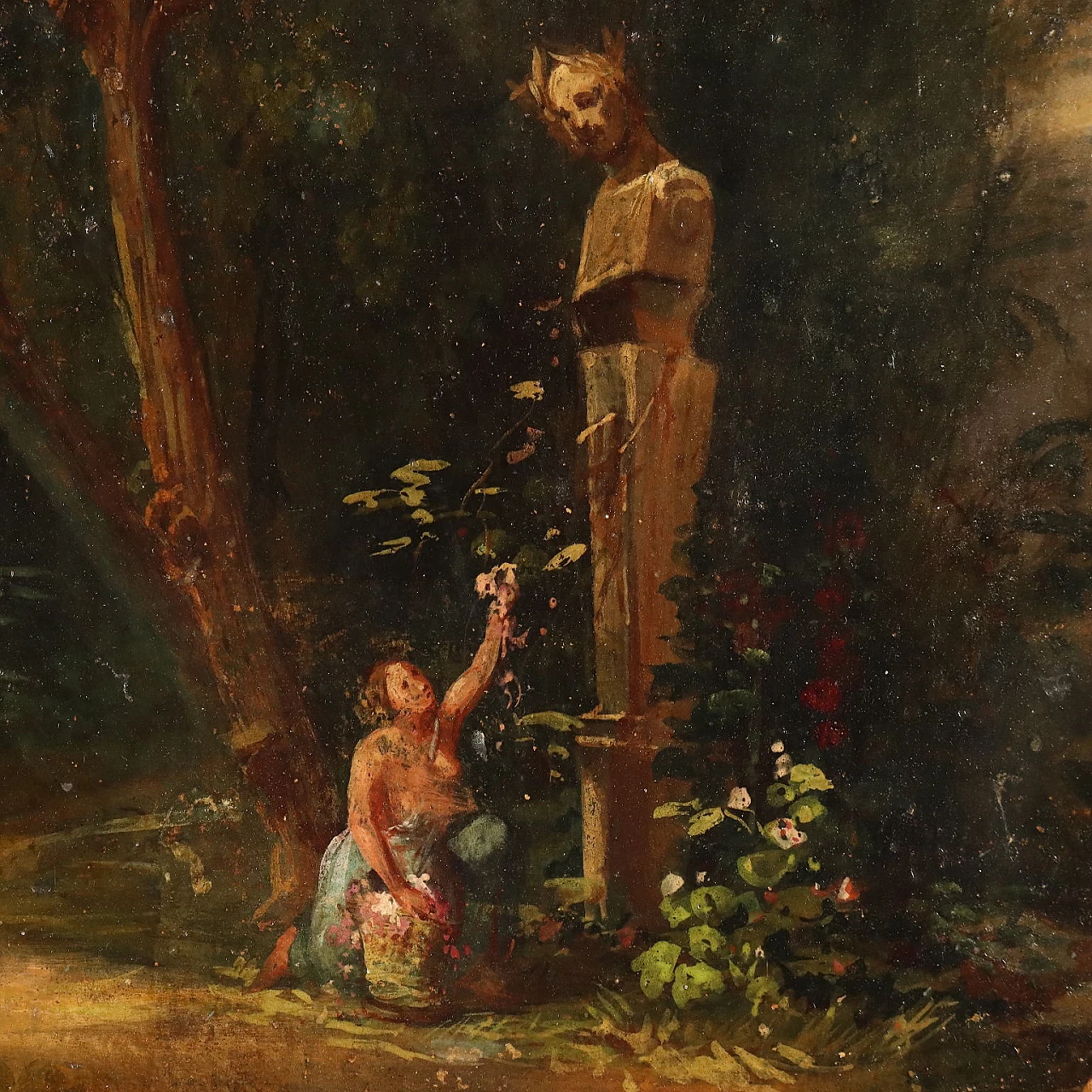 Paesaggio arcadico con scultura e fanciulla, dipinto a olio su tela, '800 3