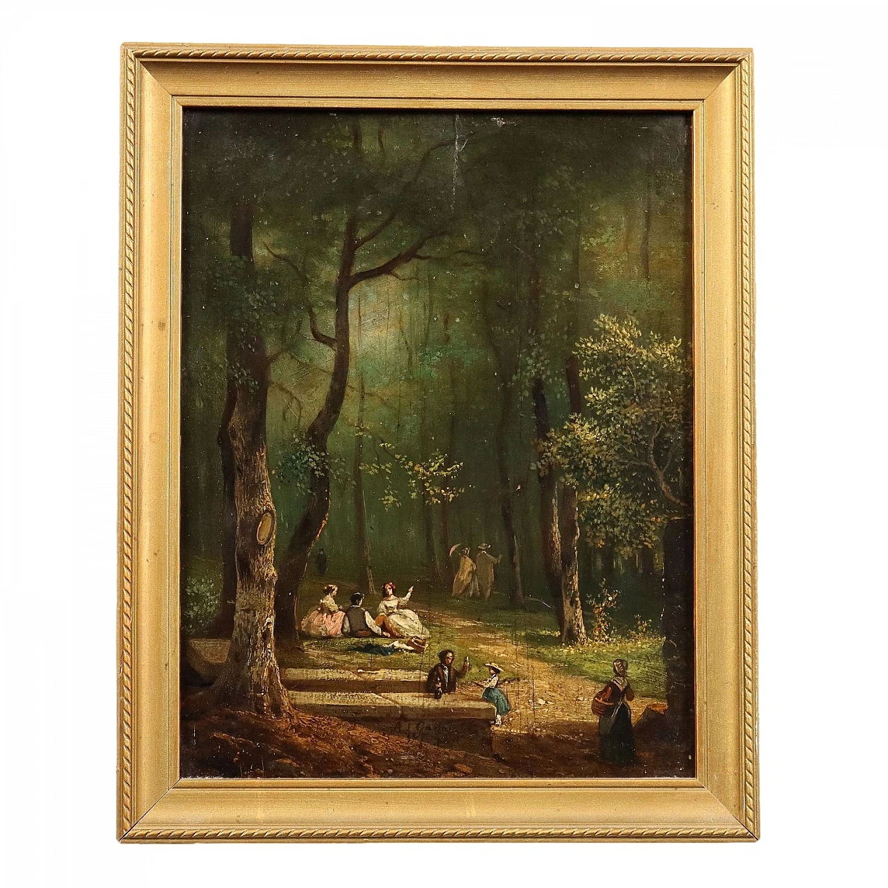 Paesaggio boschivo con figure, olio su tavola, '800 1