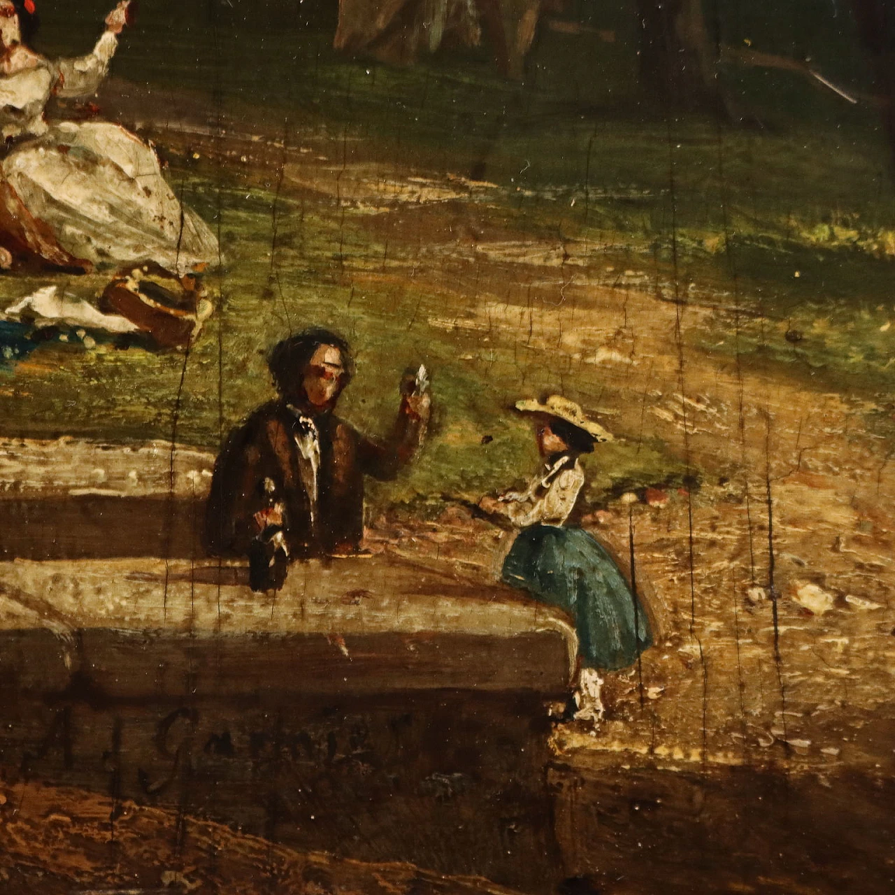 Woodland landscape with figures, oil on hardboard, 19th century 3