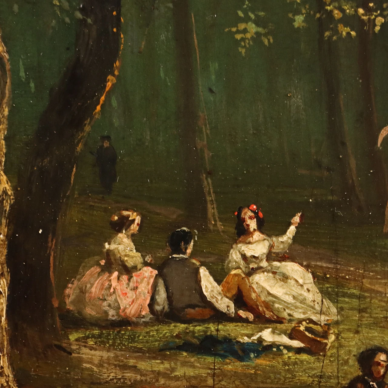 Woodland landscape with figures, oil on hardboard, 19th century 4