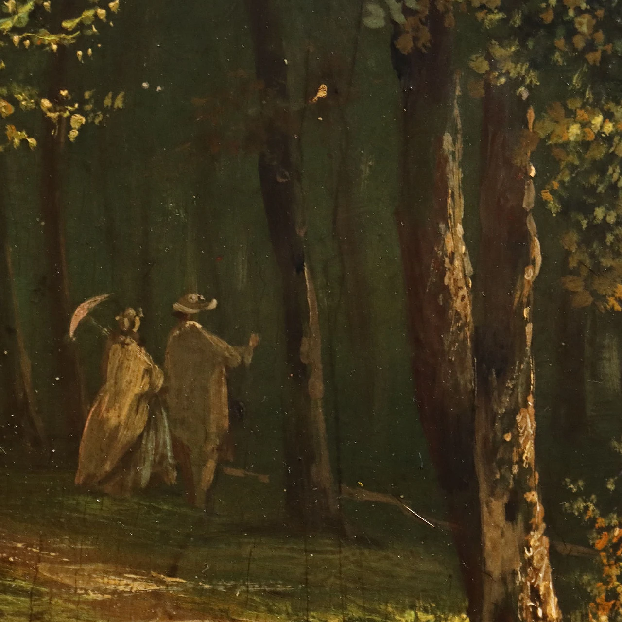 Woodland landscape with figures, oil on hardboard, 19th century 5