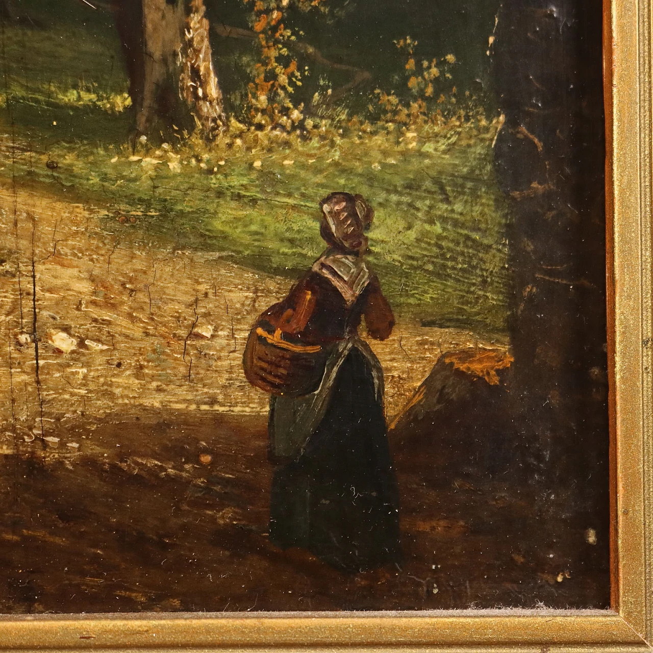 Woodland landscape with figures, oil on hardboard, 19th century 6