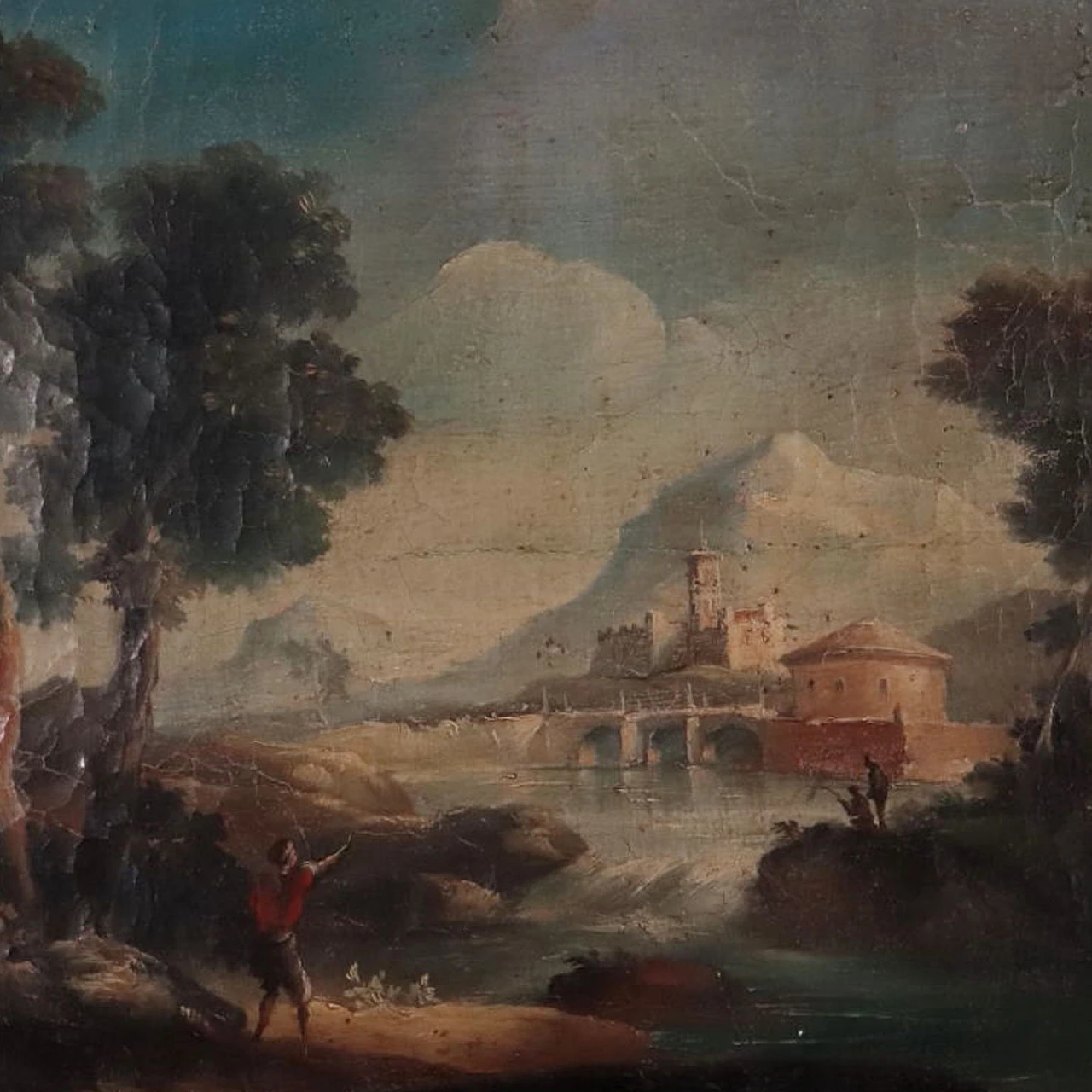 Northern Italy landscape with figures and architectures, oil painting on canvas, 18th century 1