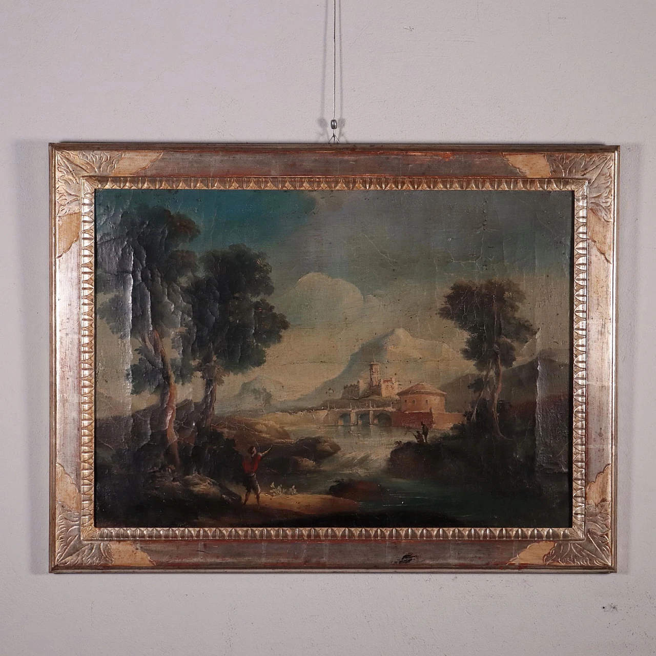 Northern Italy landscape with figures and architectures, oil painting on canvas, 18th century 3