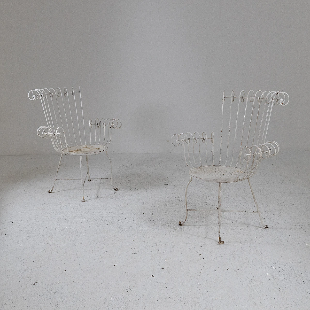 Pair of white varnished iron armchairs, 1950s 3
