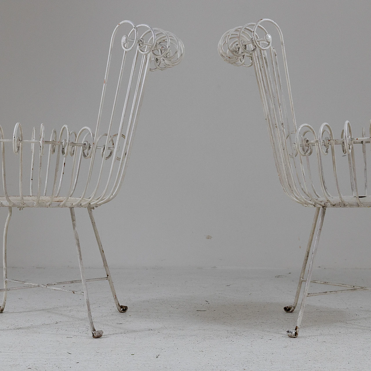 Pair of white varnished iron armchairs, 1950s 6