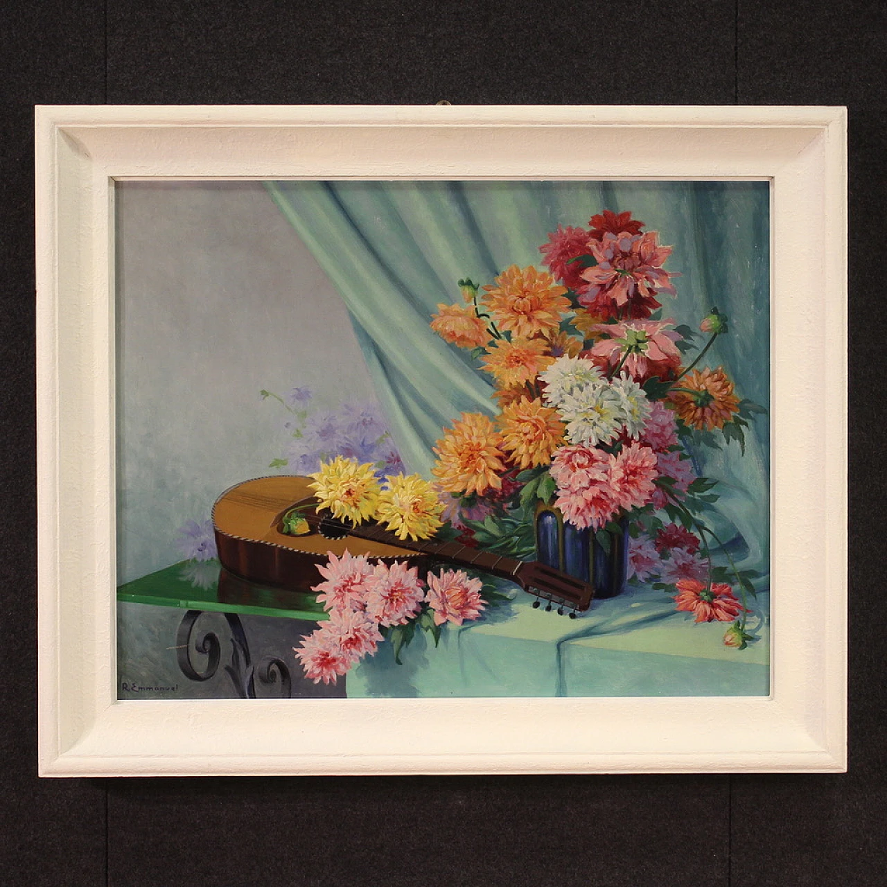 R. Emmanuel, Still life with flowers and a guitar, oil on masonite 1