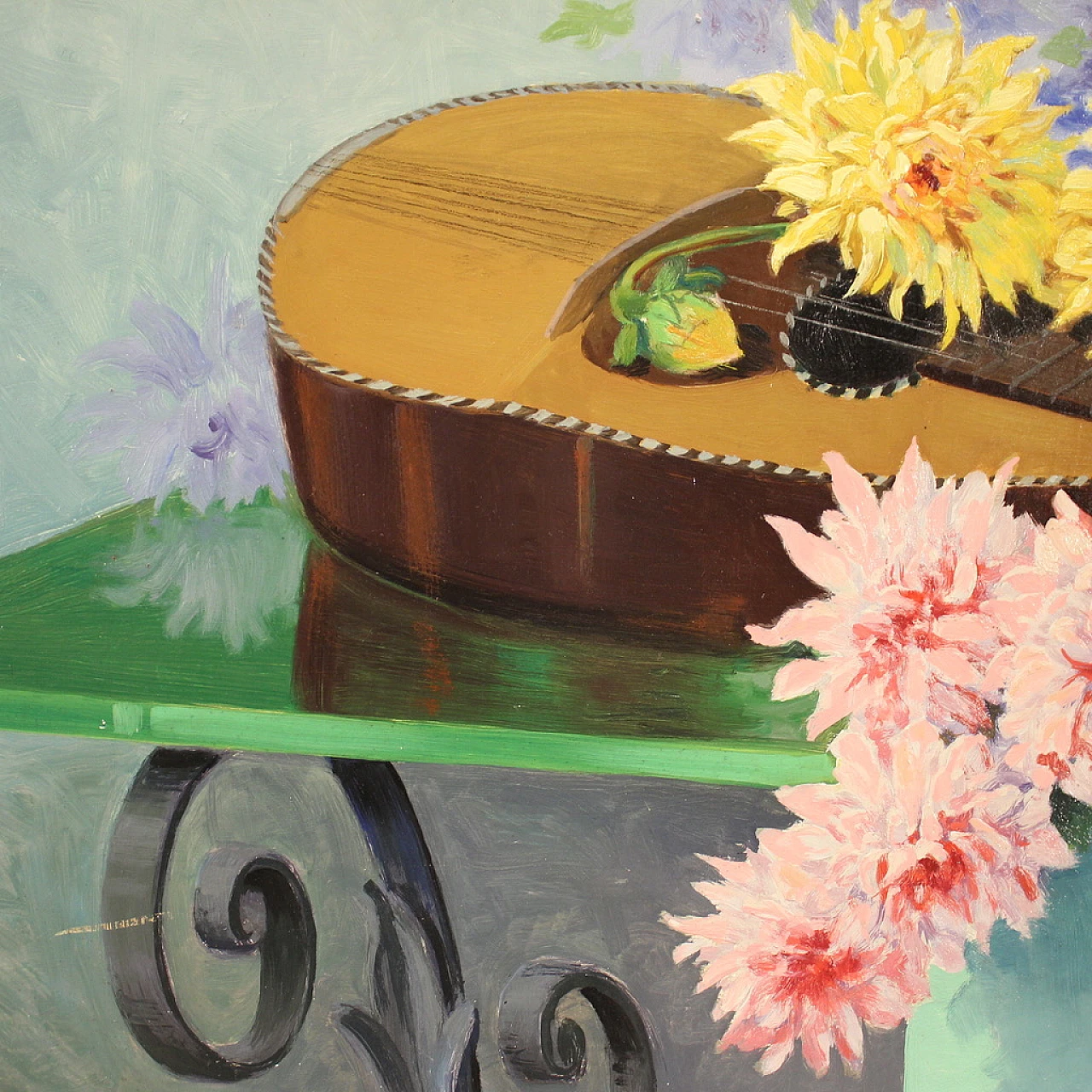R. Emmanuel, Still life with flowers and a guitar, oil on masonite 9