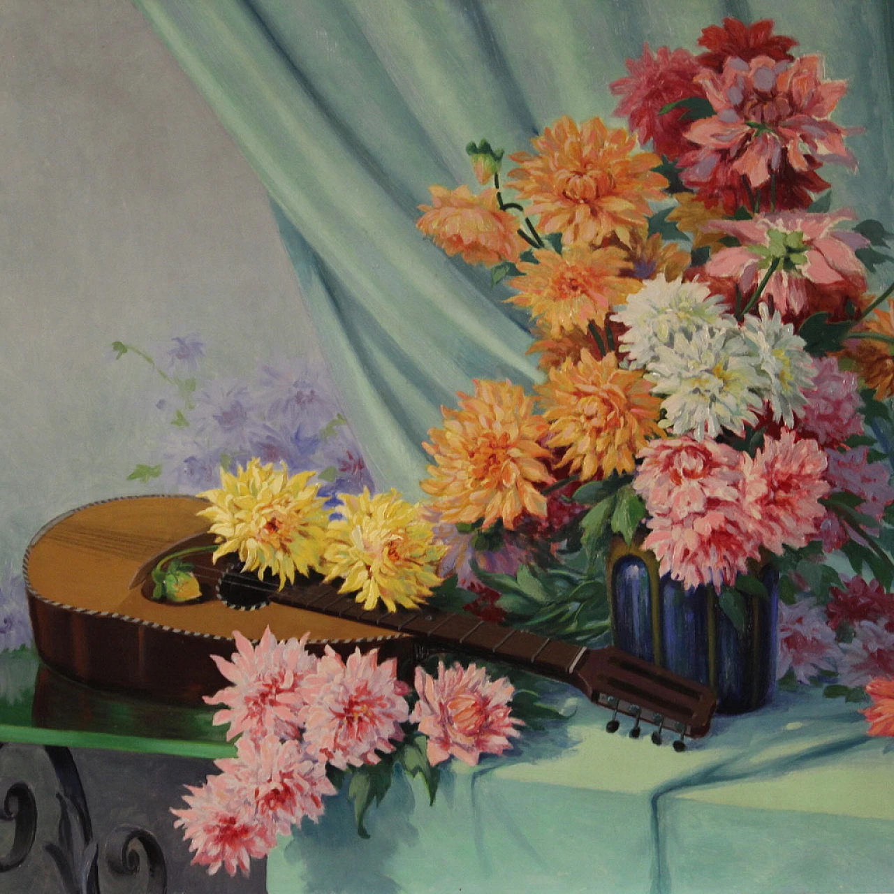 R. Emmanuel, Still life with flowers and a guitar, oil on masonite 12