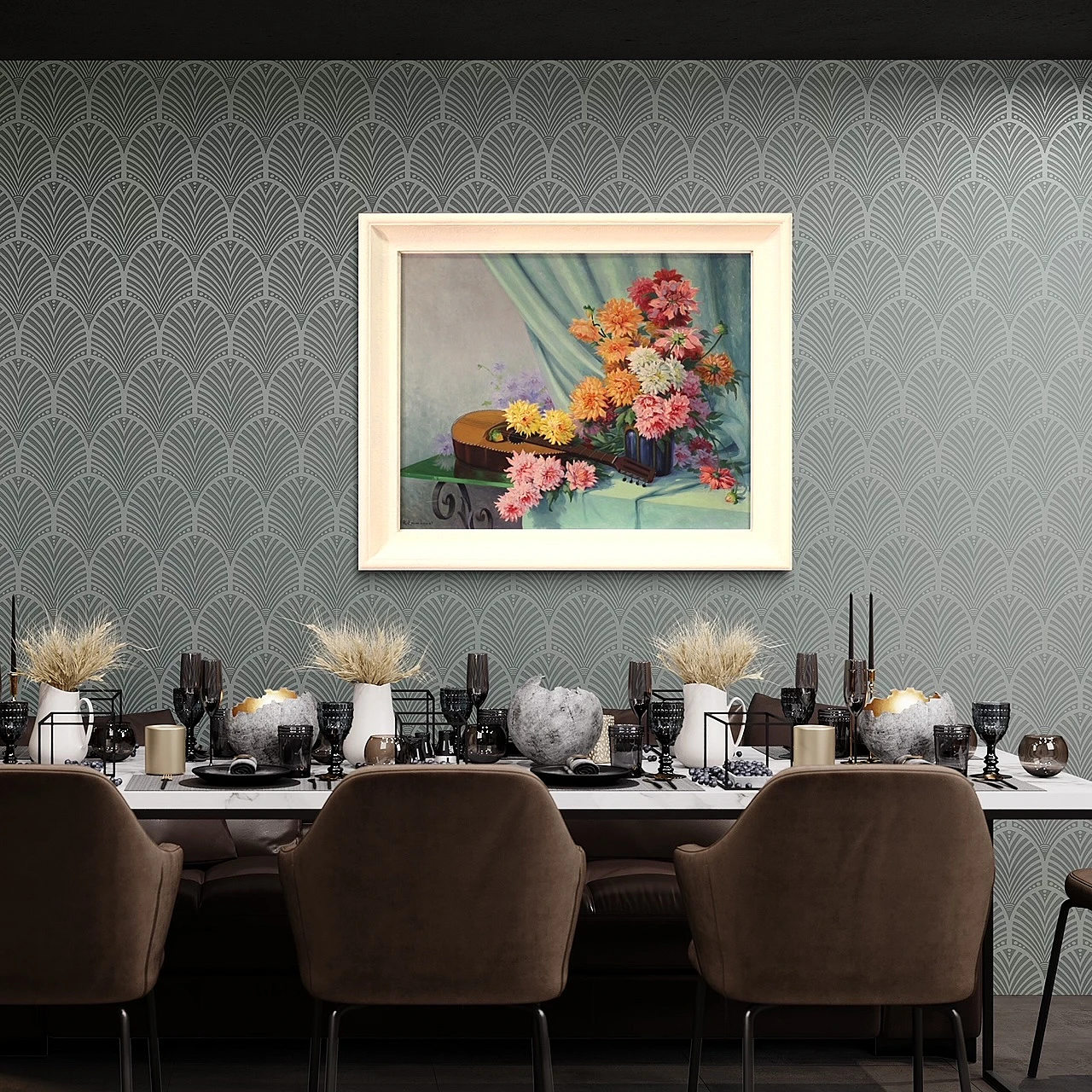 R. Emmanuel, Still life with flowers and a guitar, oil on masonite 14