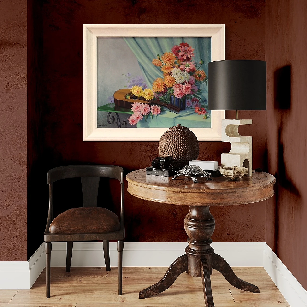 R. Emmanuel, Still life with flowers and a guitar, oil on masonite 16