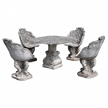 Table and four armchairs in decorated grit and cement, 1920s