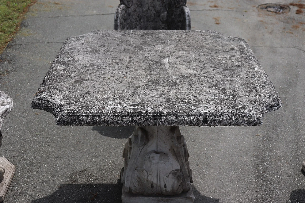 Tavolo e quattro poltrone in graniglia e cemento decorato, anni '20 12