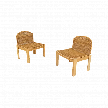 Coppia di sedie in frassino e rattan, anni '80