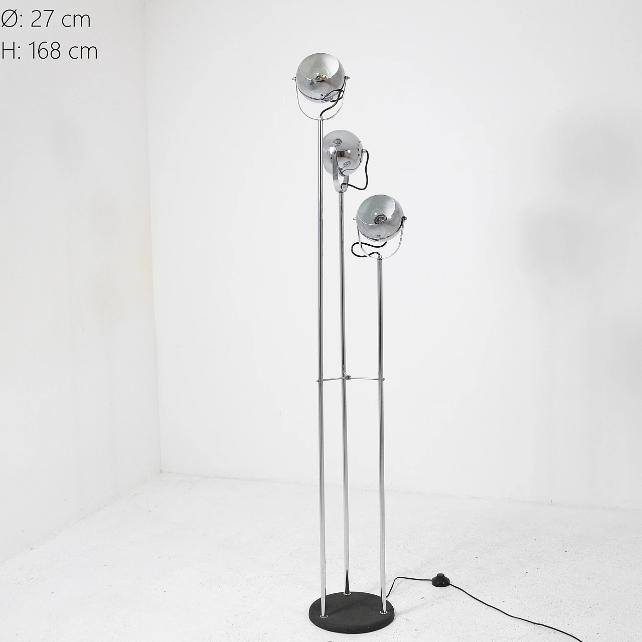 Lampada da terra a tre luci in metallo cromato e nero, anni '70 12