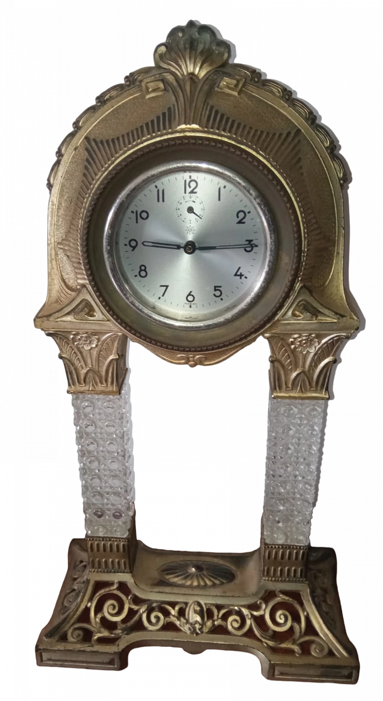 Bronze and crystal table clock with embossed decorations, 1940s 16