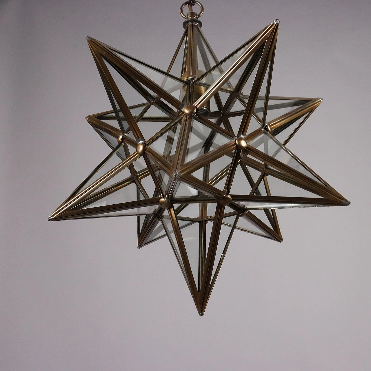 Lampadario a forma di stella in ottone e vetro, anni '60 6