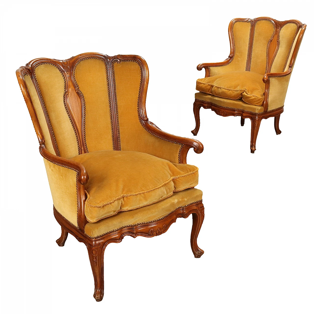 Pair of Barocchetto style walnut bergère armchairs 1