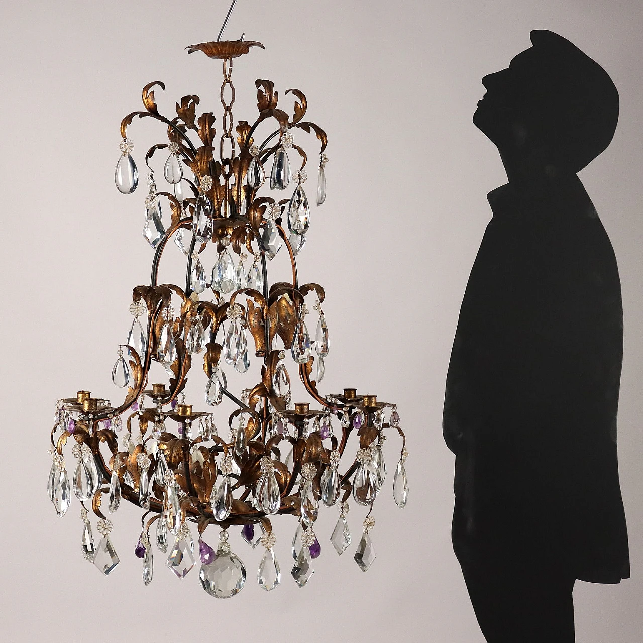 Iron, sheet metal, glass and amethyst chandelier, early 20th century 2