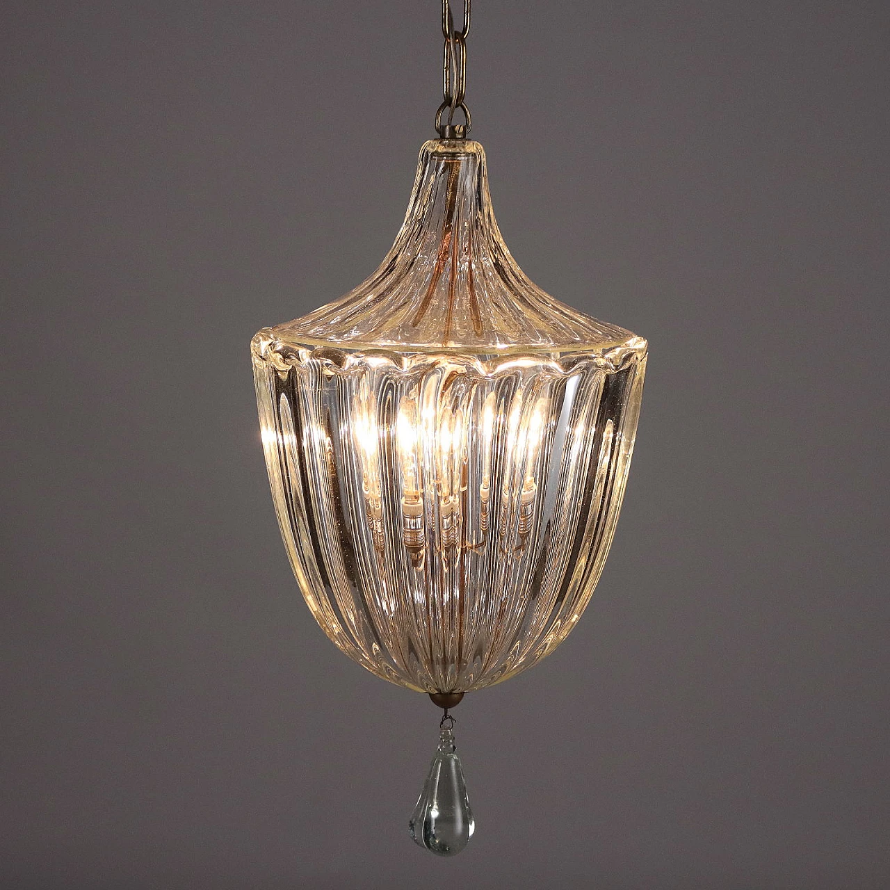 Brass and blown glass ceiling lamp, 1950s 1