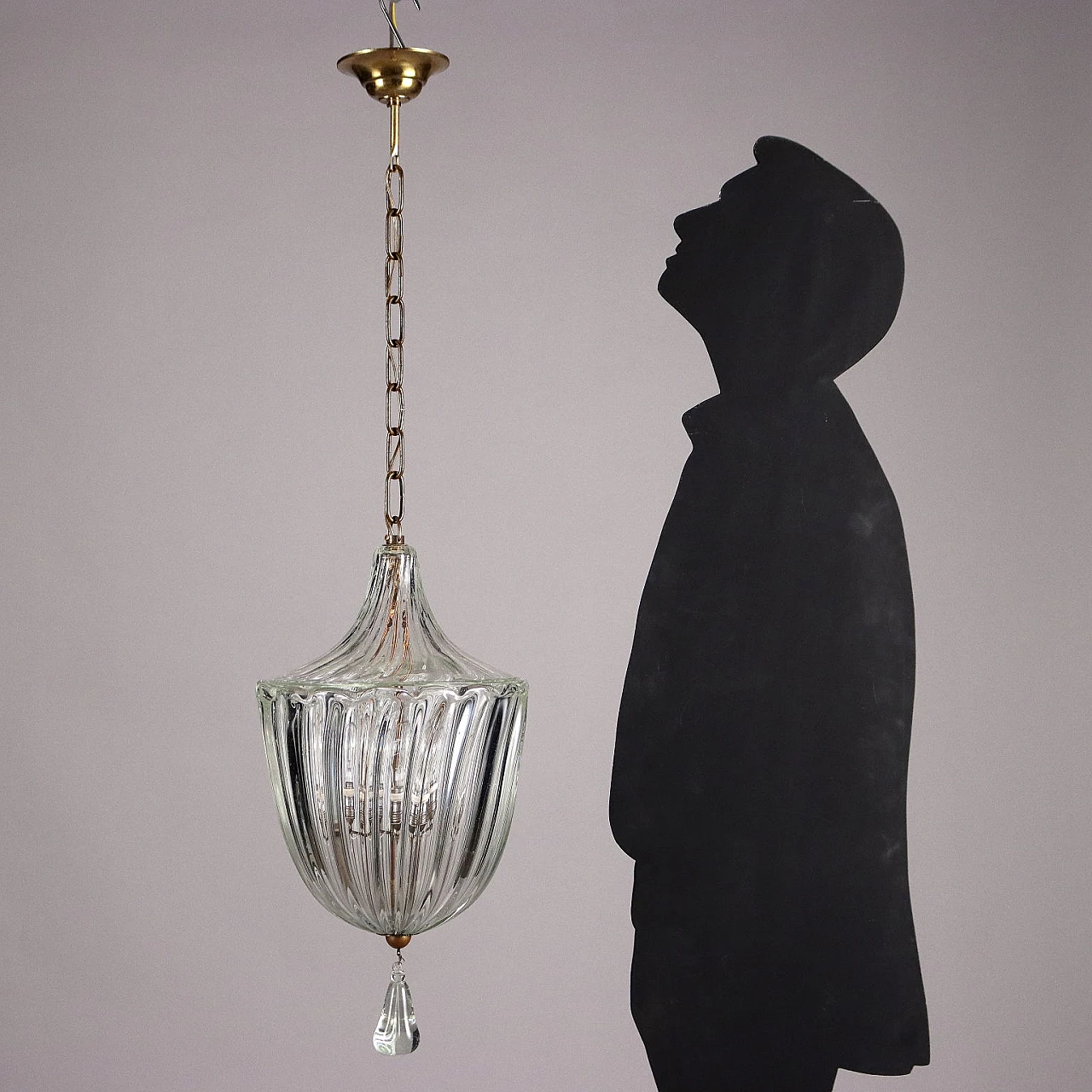 Brass and blown glass ceiling lamp, 1950s 2