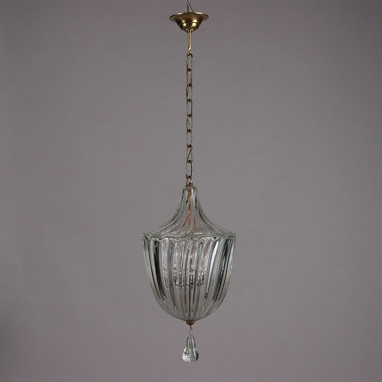 Brass and blown glass ceiling lamp, 1950s 3