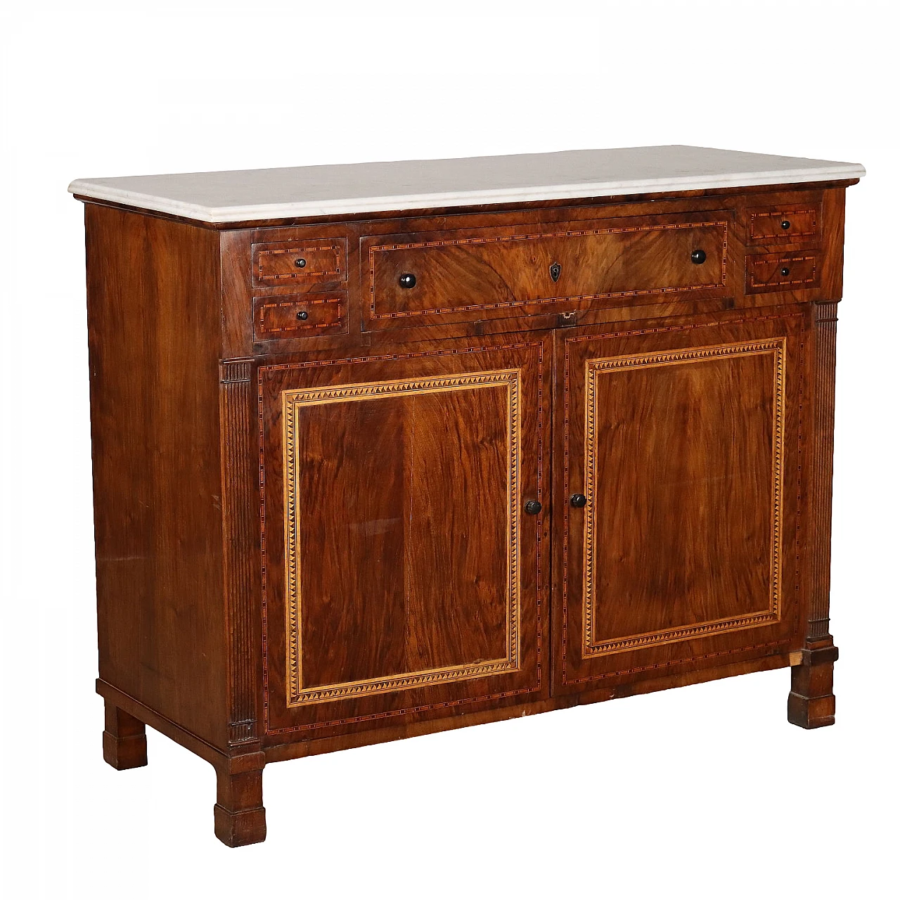 Walnut sideboard with maple inlays and marble top, 19th century 1
