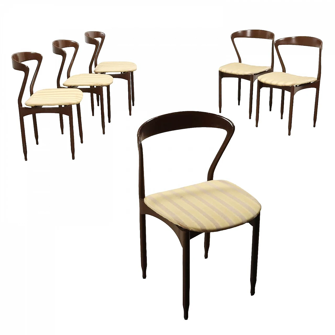 6 Enameled wood chairs with foam & fabric seat, 1960s 1