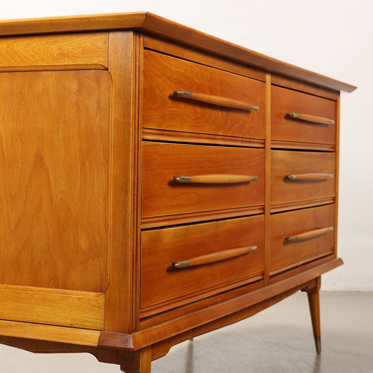 Brass and poplar veneer dresser with six drawers, 1950s 3