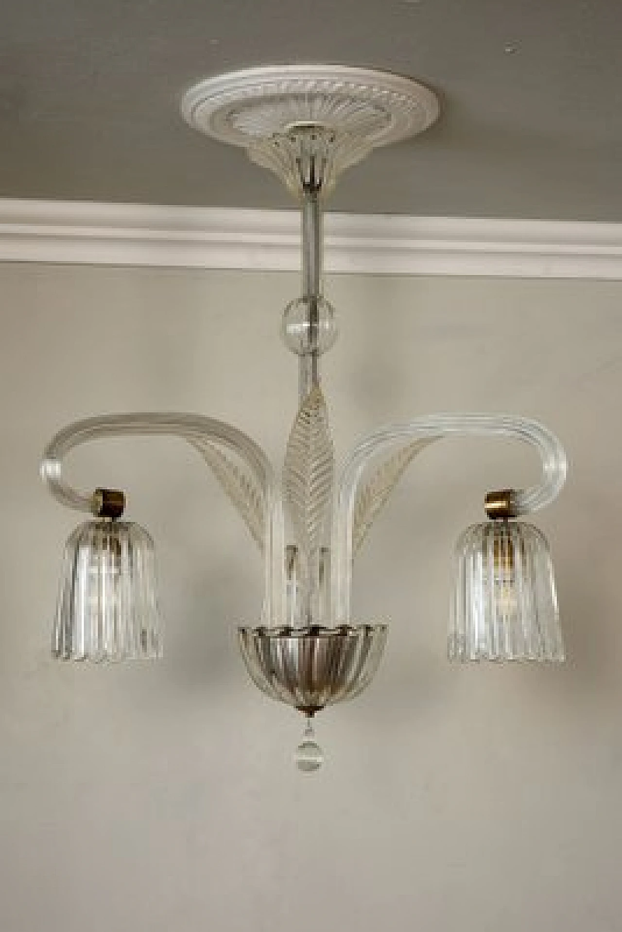 Lampadario Art Déco a tre luci in vetro di Murano, anni '30 6