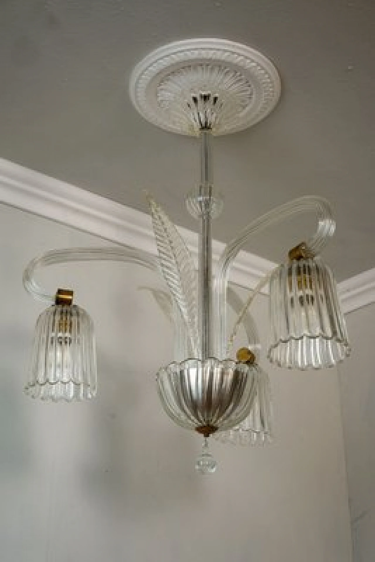 Lampadario Art Déco a tre luci in vetro di Murano, anni '30 7