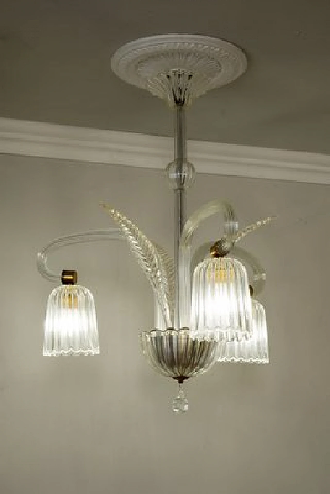 Lampadario Art Déco a tre luci in vetro di Murano, anni '30 8