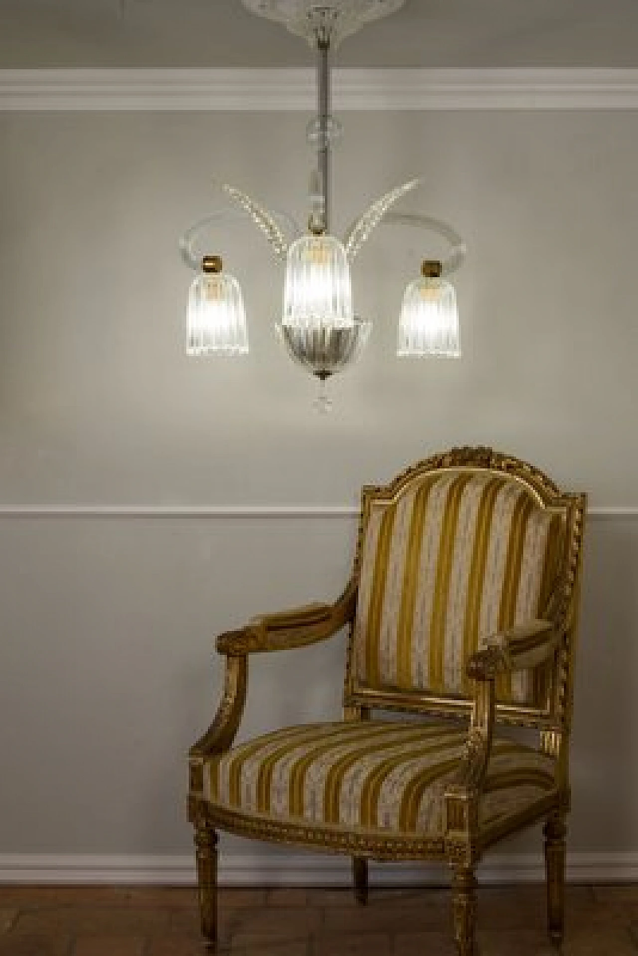 Lampadario Art Déco a tre luci in vetro di Murano, anni '30 11