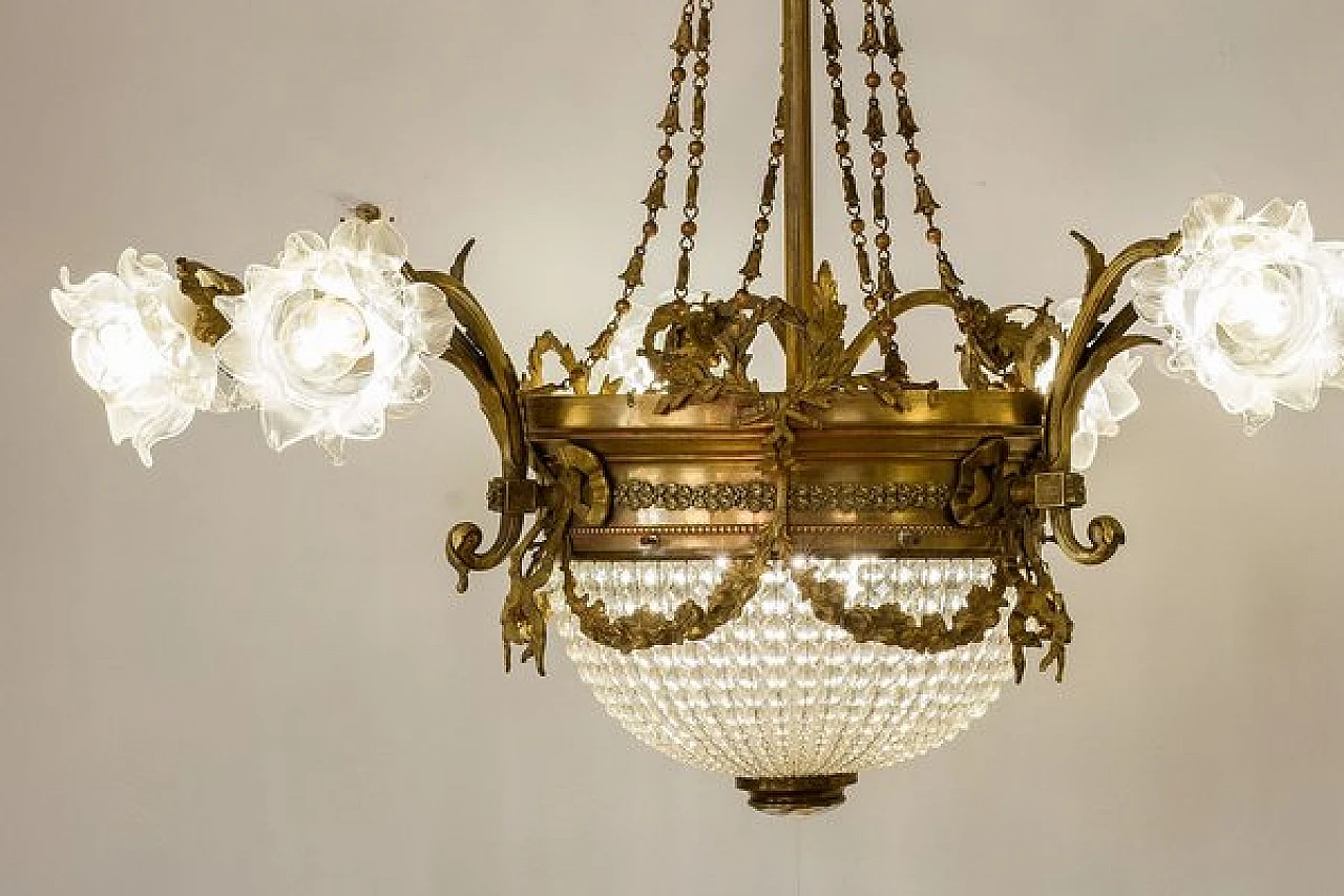 Nine-light Art Nouveau brass and crystal chandelier, 1920s 3
