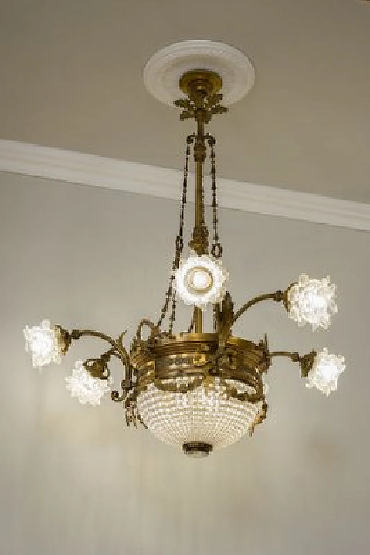 Nine-light Art Nouveau brass and crystal chandelier, 1920s 4