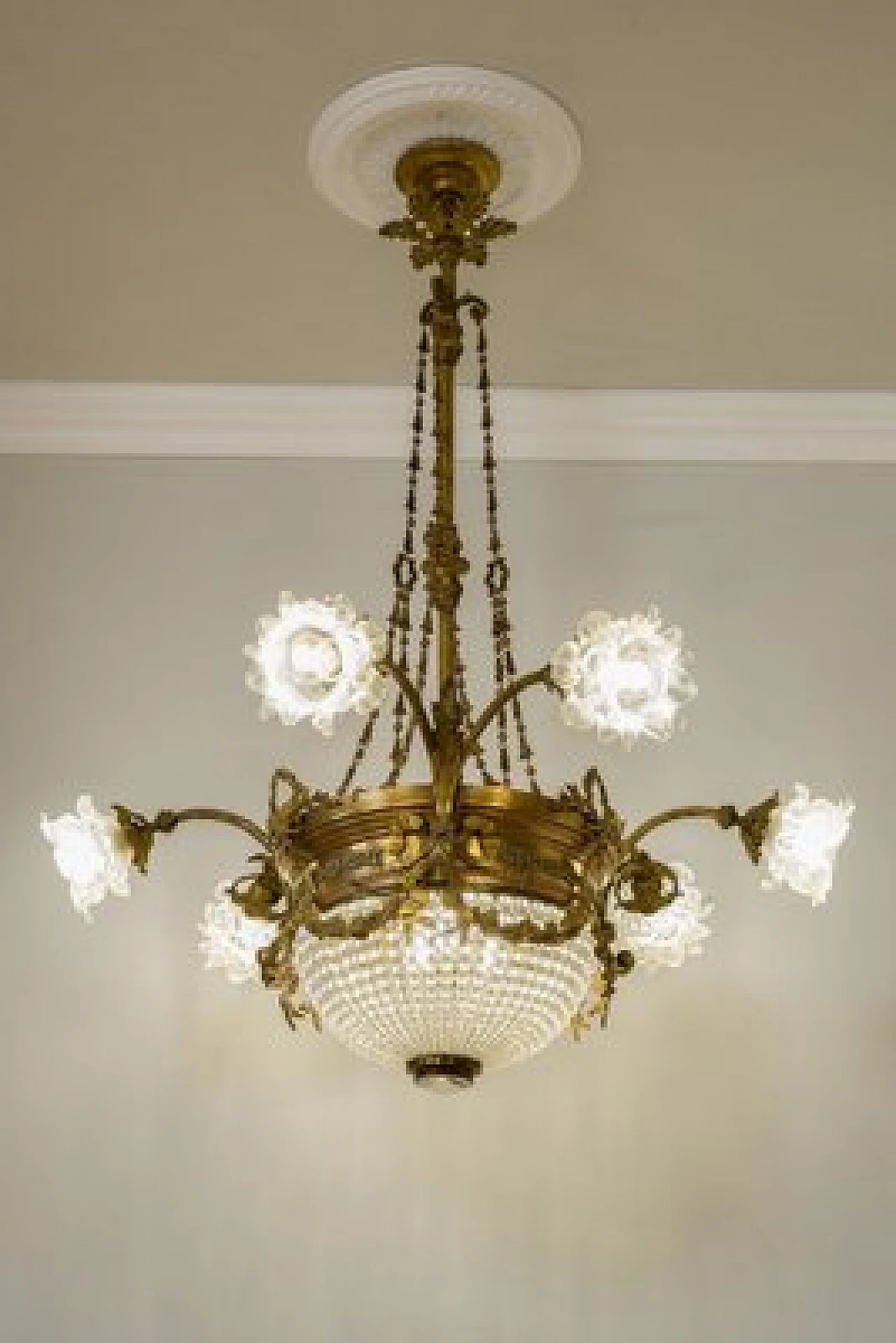 Nine-light Art Nouveau brass and crystal chandelier, 1920s 5
