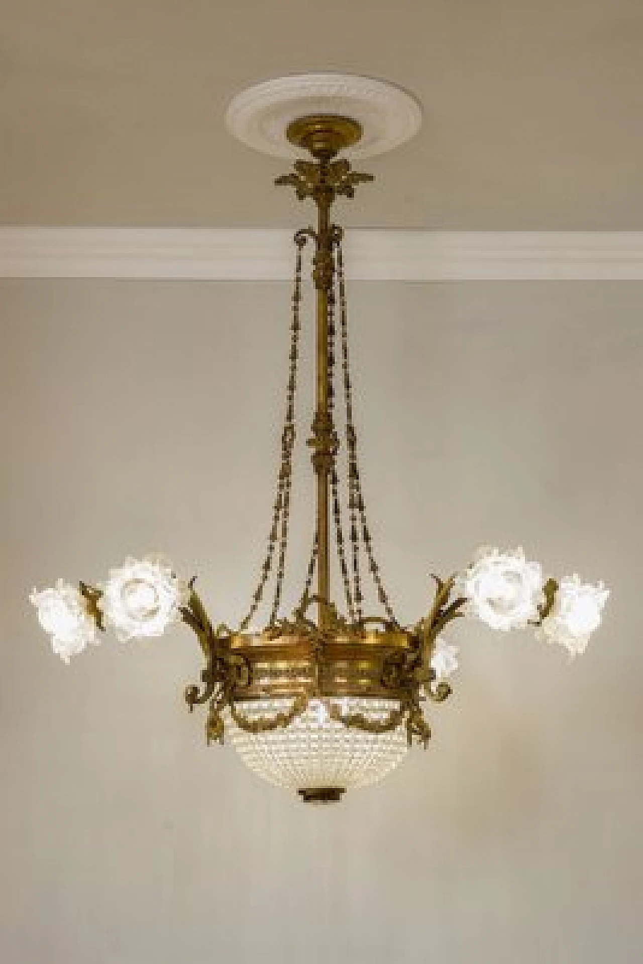 Nine-light Art Nouveau brass and crystal chandelier, 1920s 6