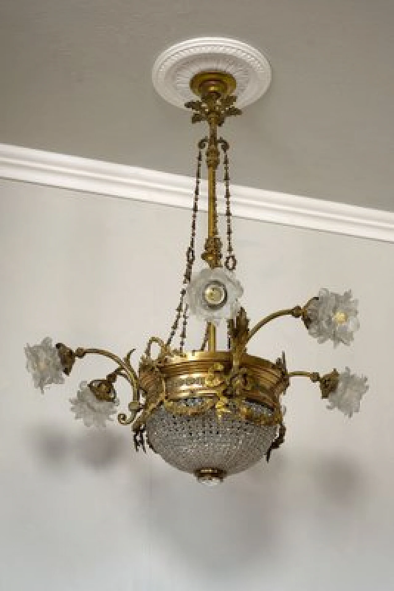 Nine-light Art Nouveau brass and crystal chandelier, 1920s 9