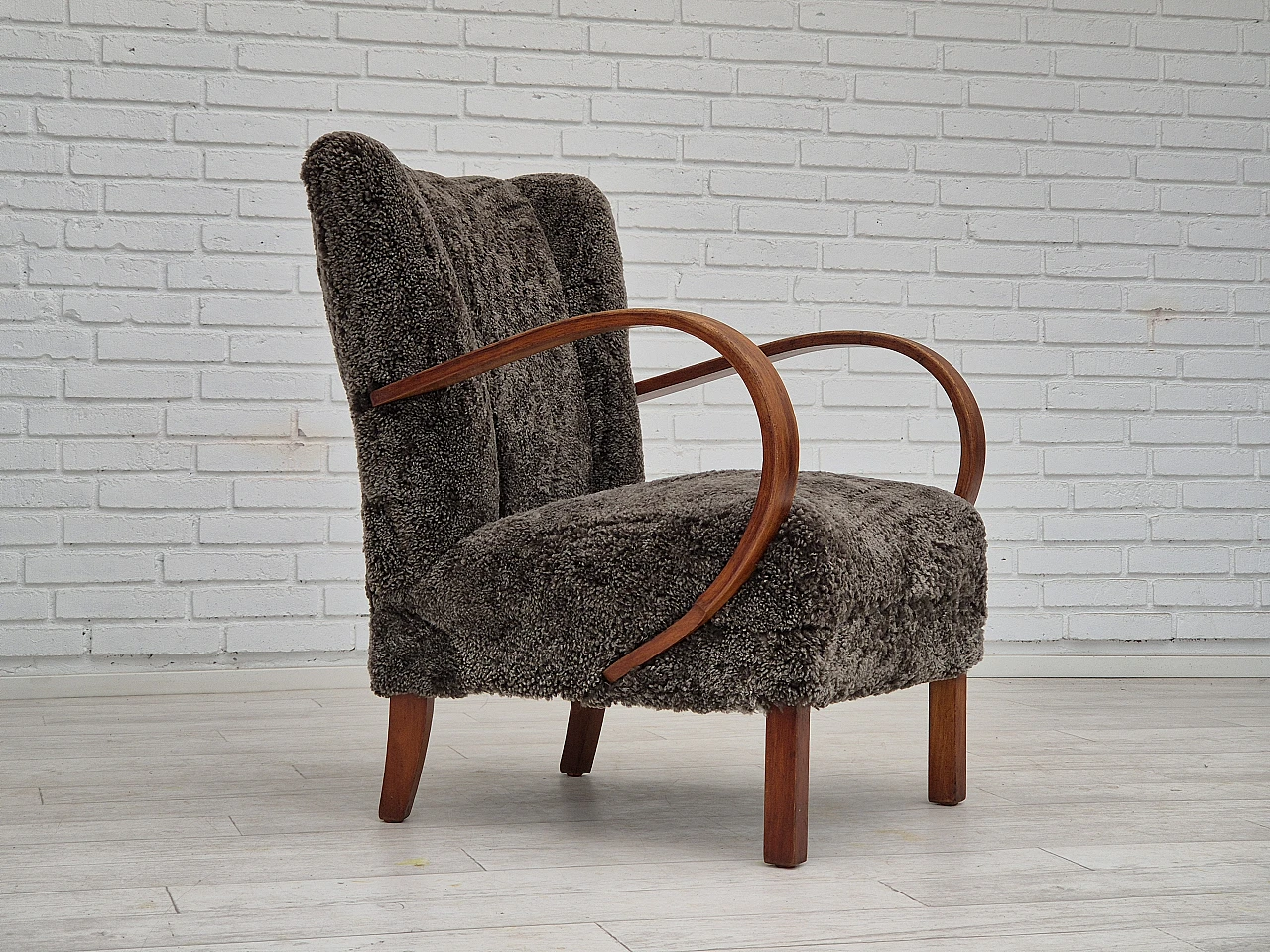 Beech wood and sheepskin Danish armchair, 1950s 1