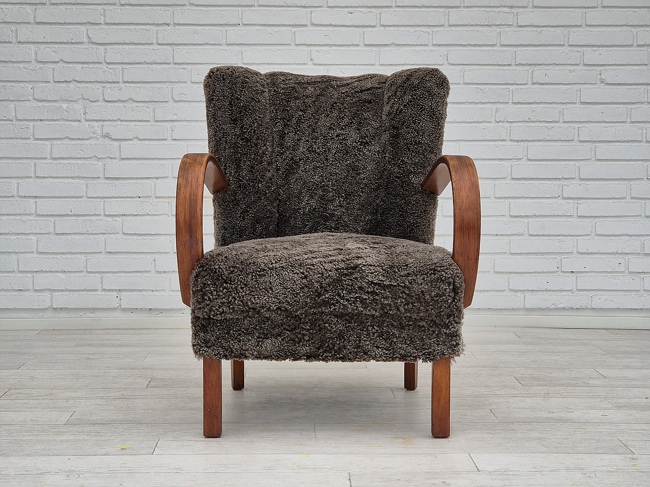 Beech wood and sheepskin Danish armchair, 1950s 3