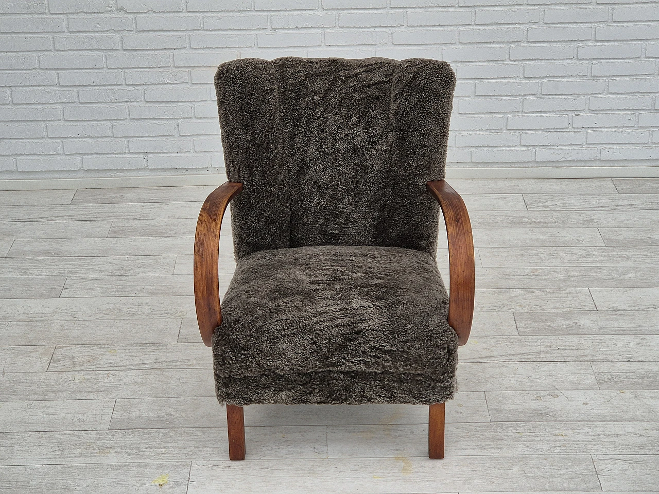 Beech wood and sheepskin Danish armchair, 1950s 4
