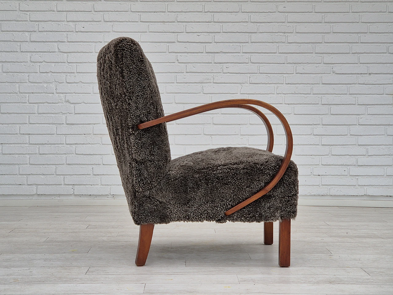 Beech wood and sheepskin Danish armchair, 1950s 5