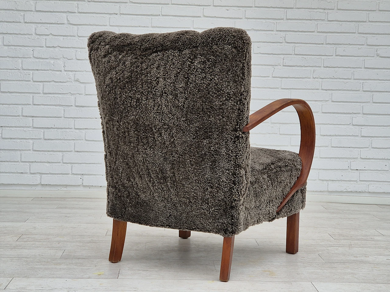 Beech wood and sheepskin Danish armchair, 1950s 6