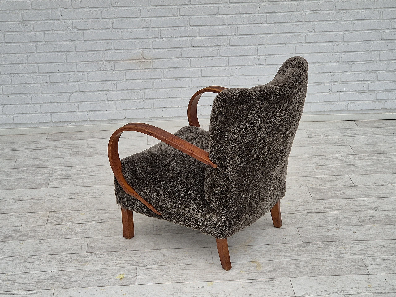 Beech wood and sheepskin Danish armchair, 1950s 8