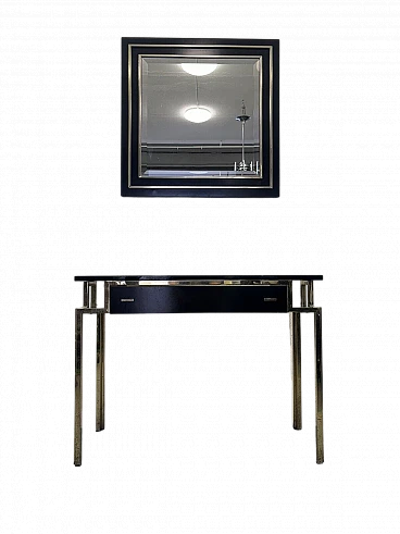 Gilded metal and black lacquered wood console and mirror, 1970s