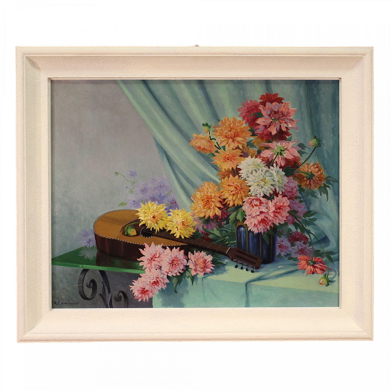 R. Emmanuel, Still life with flowers and a guitar, oil on masonite 17