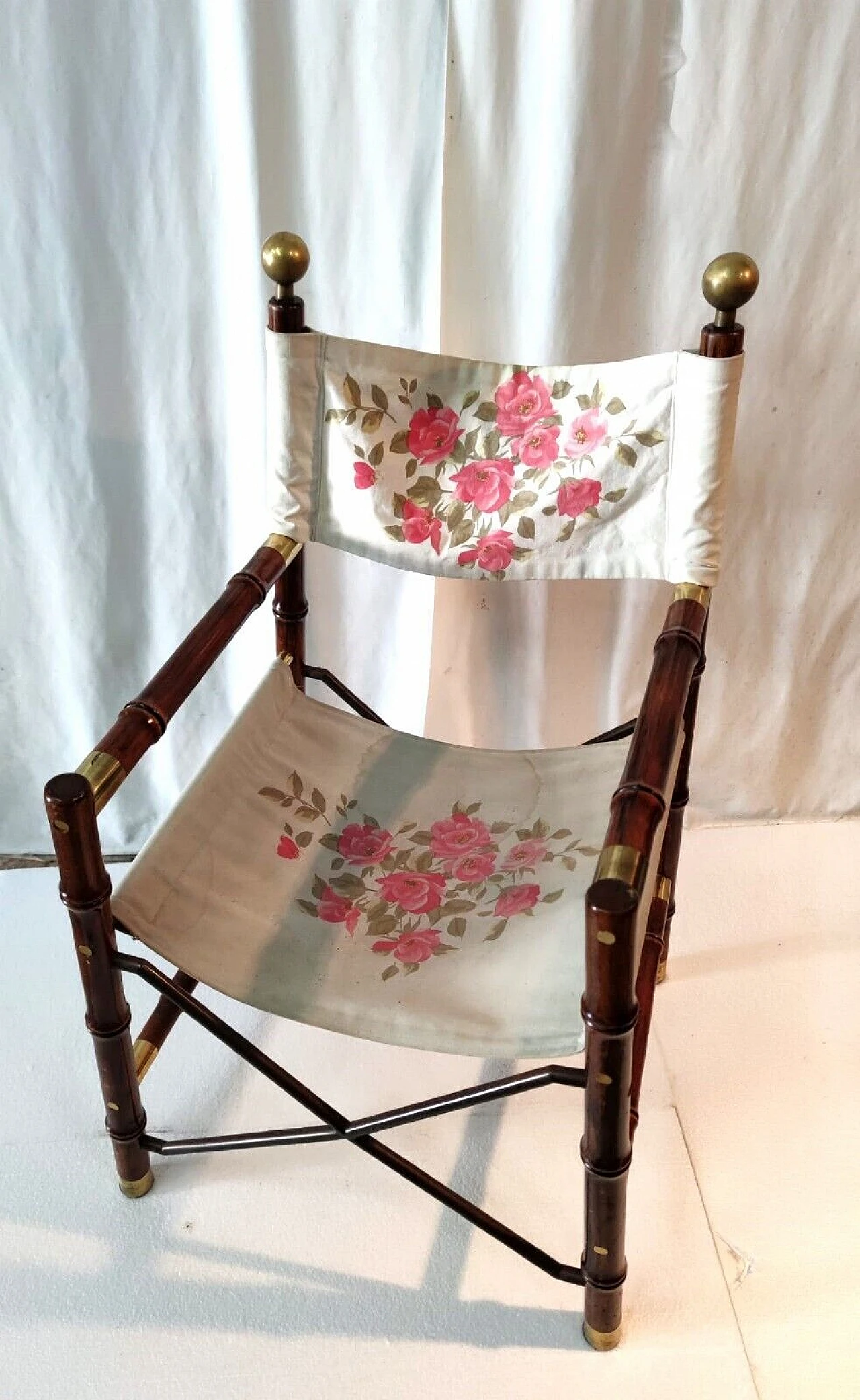 Poltrona da regista Safari in bambù, ottone e tessuto, anni '60 4