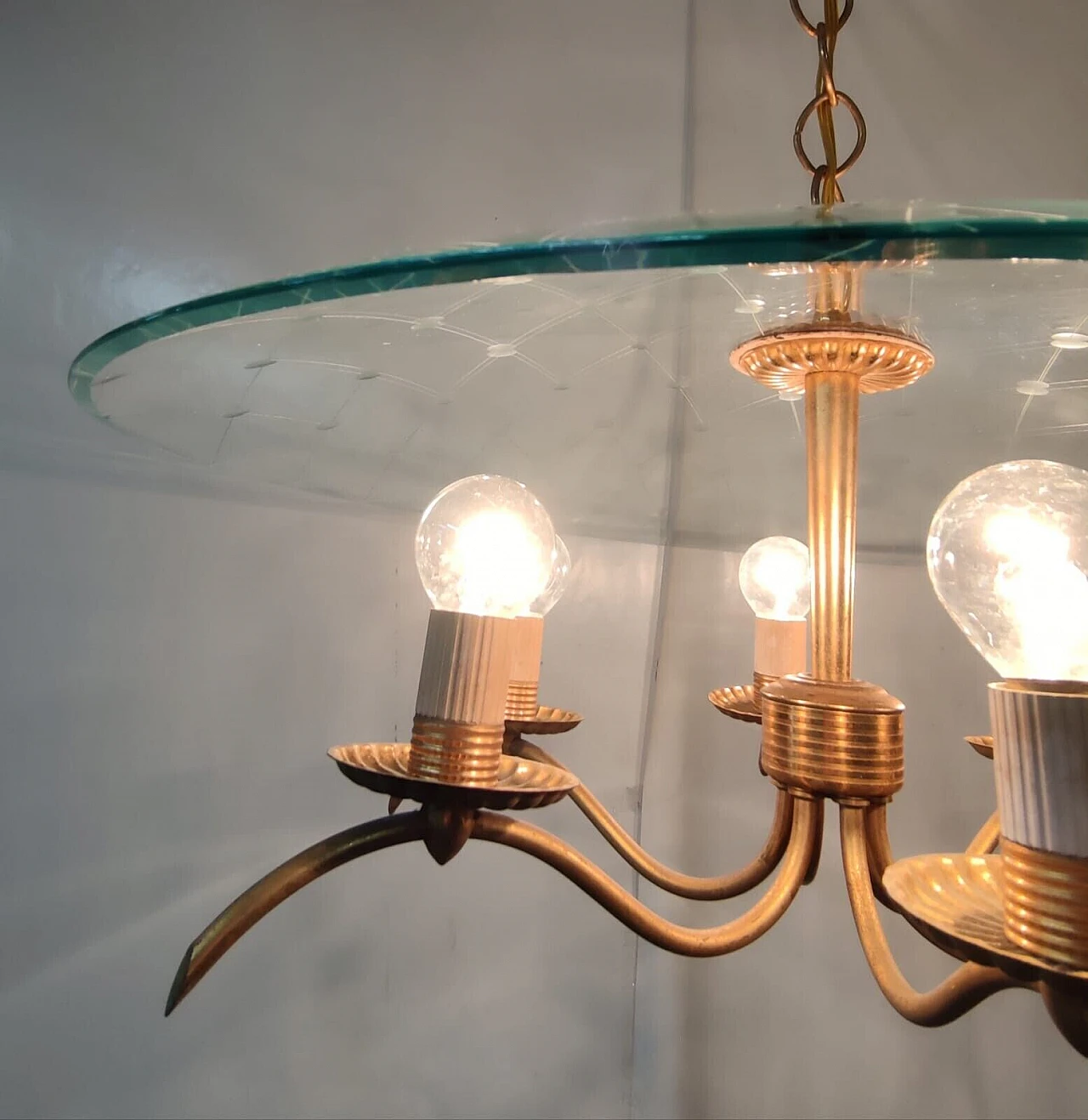 Lampadario in ottone e cristallo di Chiesa per Fontana Arte, anni '40 6