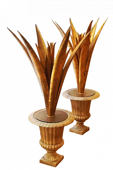 Pair of cast iron vases with agaves and gold leaf, 1930s